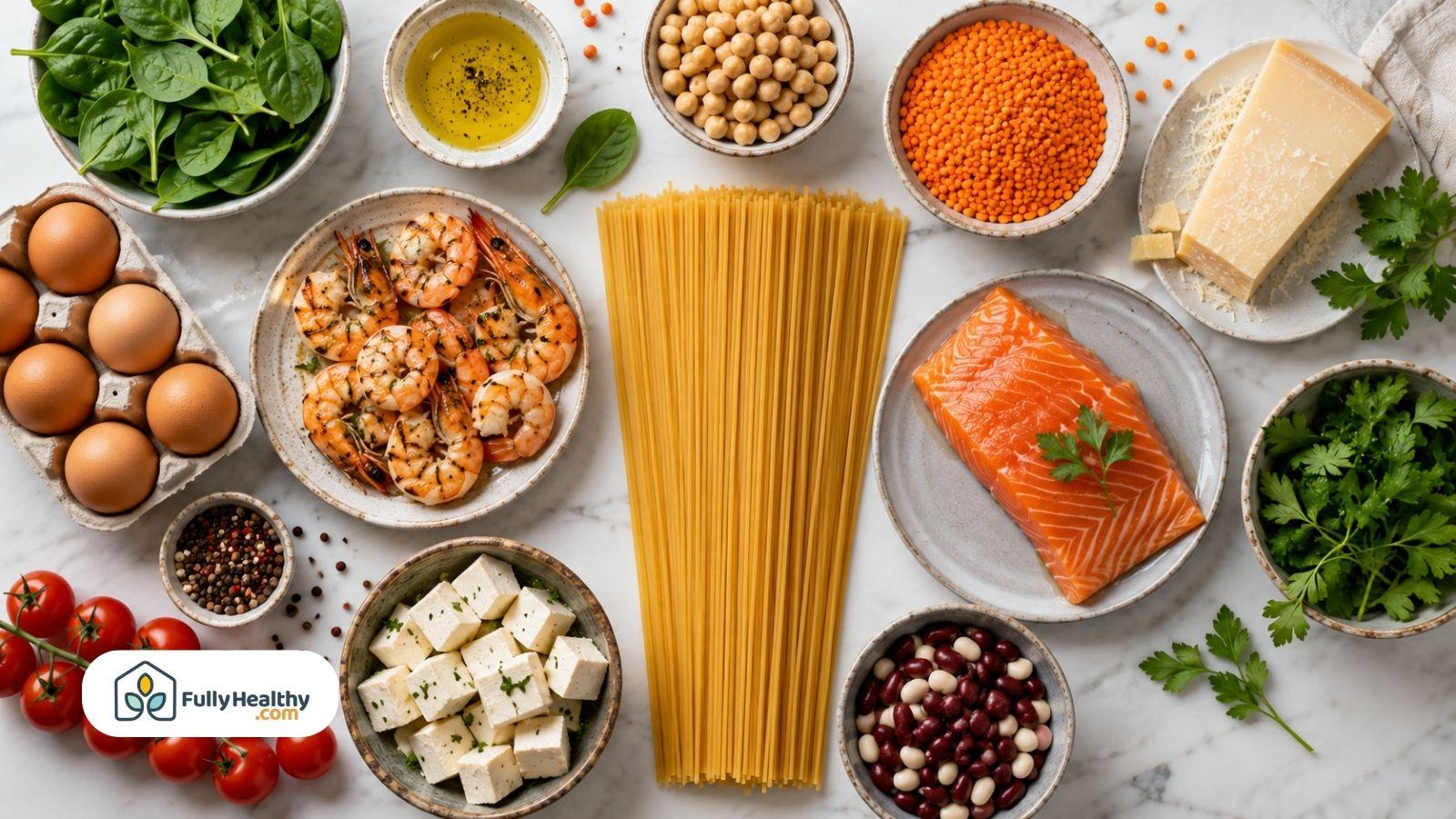 Protein-rich pasta ingredients including salmon shrimp eggs chickpeas lentils spinach and parmesan cheese