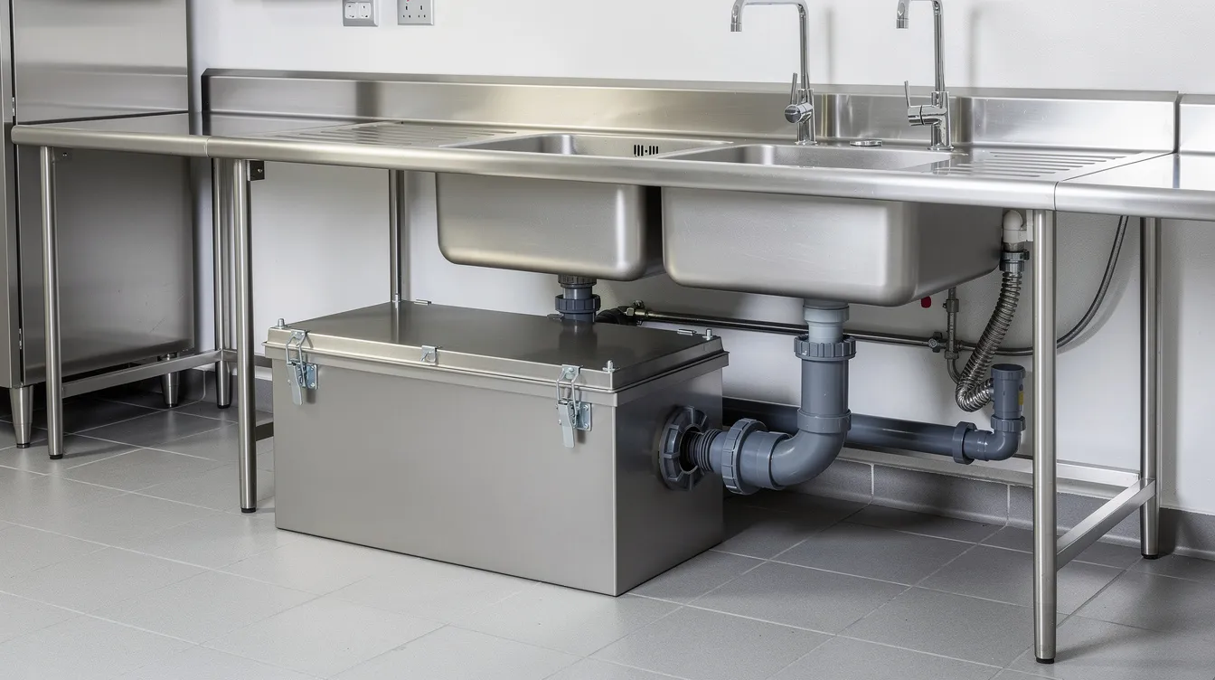 The image shows a stainless steel grease trap unit installed beneath a large kitchen sink in a commercial kitchen, designed to effectively manage fats, oils, and grease (FOG) to prevent blockages and fatberg formation in the sewer system. Regular maintenance of this essential system helps protect water systems from costly repairs and environmental damage caused by accumulated fatty deposits.