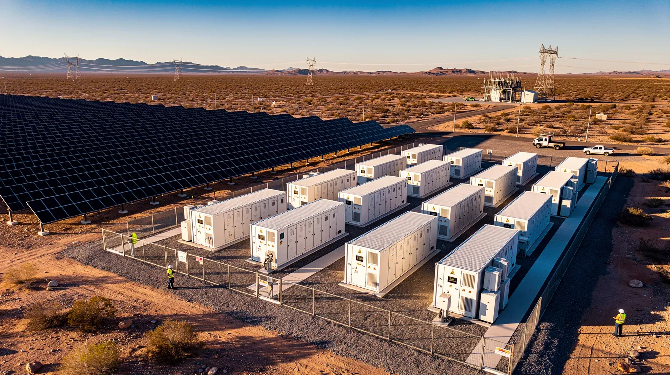 The image depicts a large battery energy storage facility located next to a solar farm in a vast desert landscape, showcasing a significant renewable energy project. This facility plays a crucial role in energy storage systems, supporting solar power projects and contributing to the renewable energy industry.