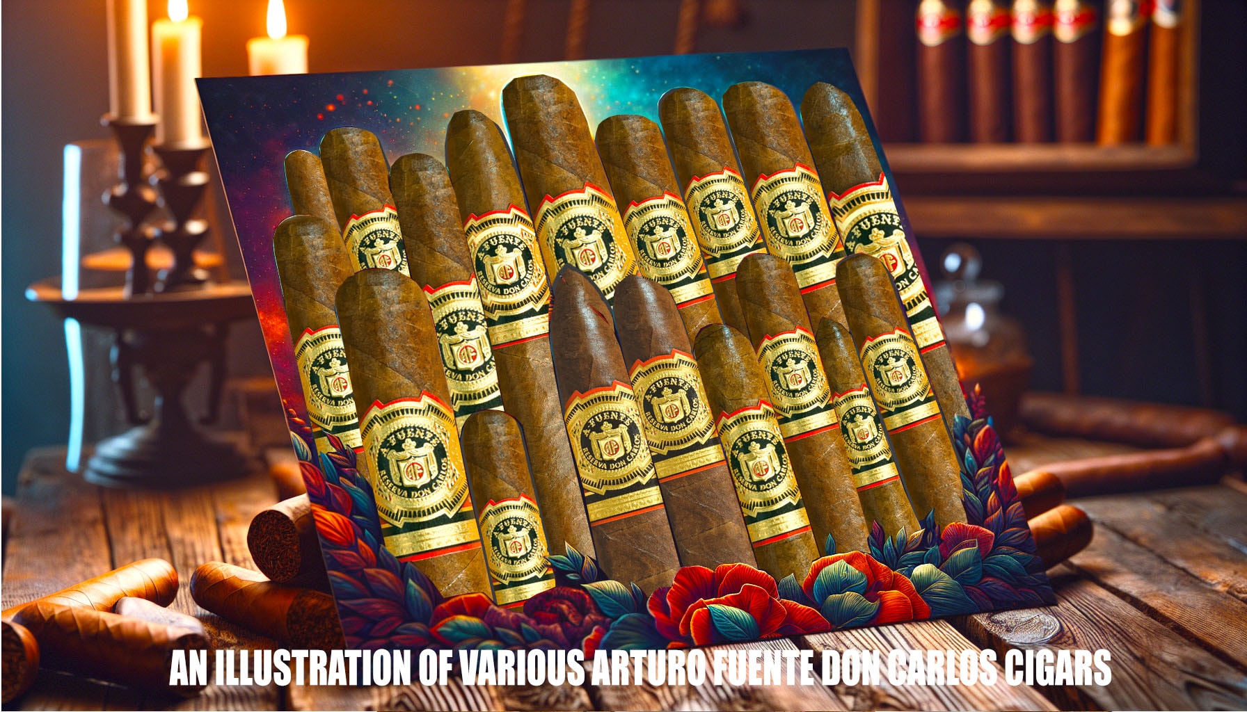 An illustration of various Arturo Fuente Don Carlos cigars displayed elegantly.