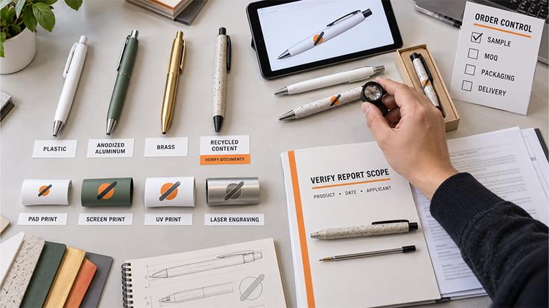 Custom ballpoint pen sourcing review comparing plastic, aluminum, brass, recycled materials, logo methods, samples, packaging, and compliance documents