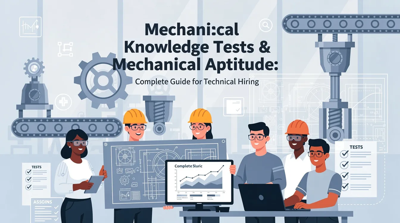 The image features a comprehensive guide titled "Mechanical Knowledge Tests & Mechanical Aptitude," focusing on various mechanical aptitude tests such as the Bennett Mechanical Comprehension Test and the Wiesen Test. It highlights the importance of evaluating mechanical understanding and skills essential for technical hiring in fields like auto mechanics and manufacturing.