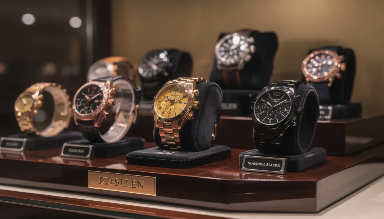 A stunning collection of luxury watches from prestigious brands, including Rolex, Patek Philippe, and Audemars Piguet, elegantly arranged for display. Each timepiece showcases meticulous craftsmanship and high-quality materials, appealing to watch collectors and enthusiasts alike.
