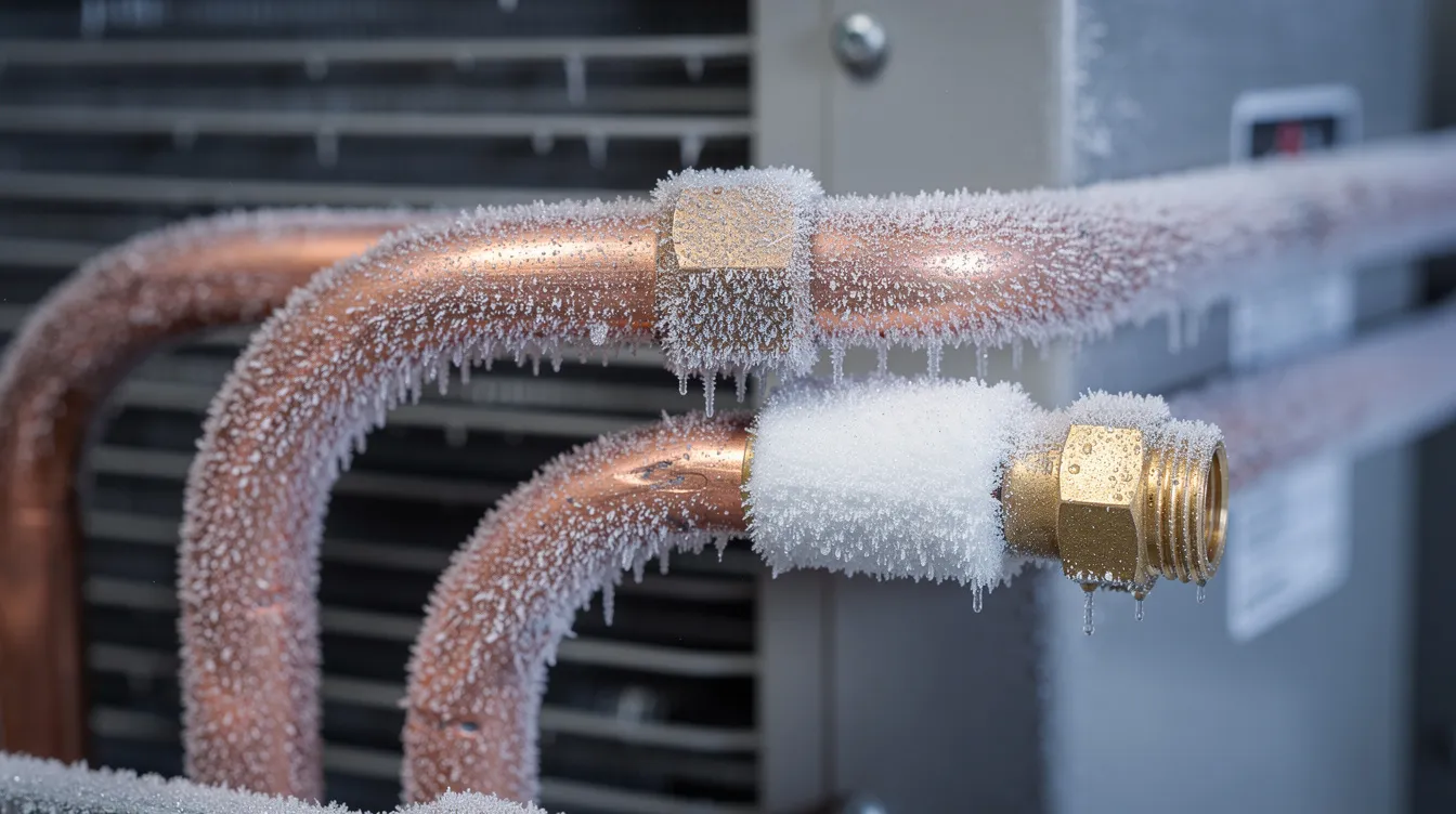 A close-up view reveals frost and ice accumulation on copper refrigerant lines connected to an indoor HVAC unit, indicating potential issues such as a refrigerant leak or a malfunctioning evaporator coil. This buildup can affect the efficiency of the air conditioning system and may lead to increased repair costs if not addressed promptly.