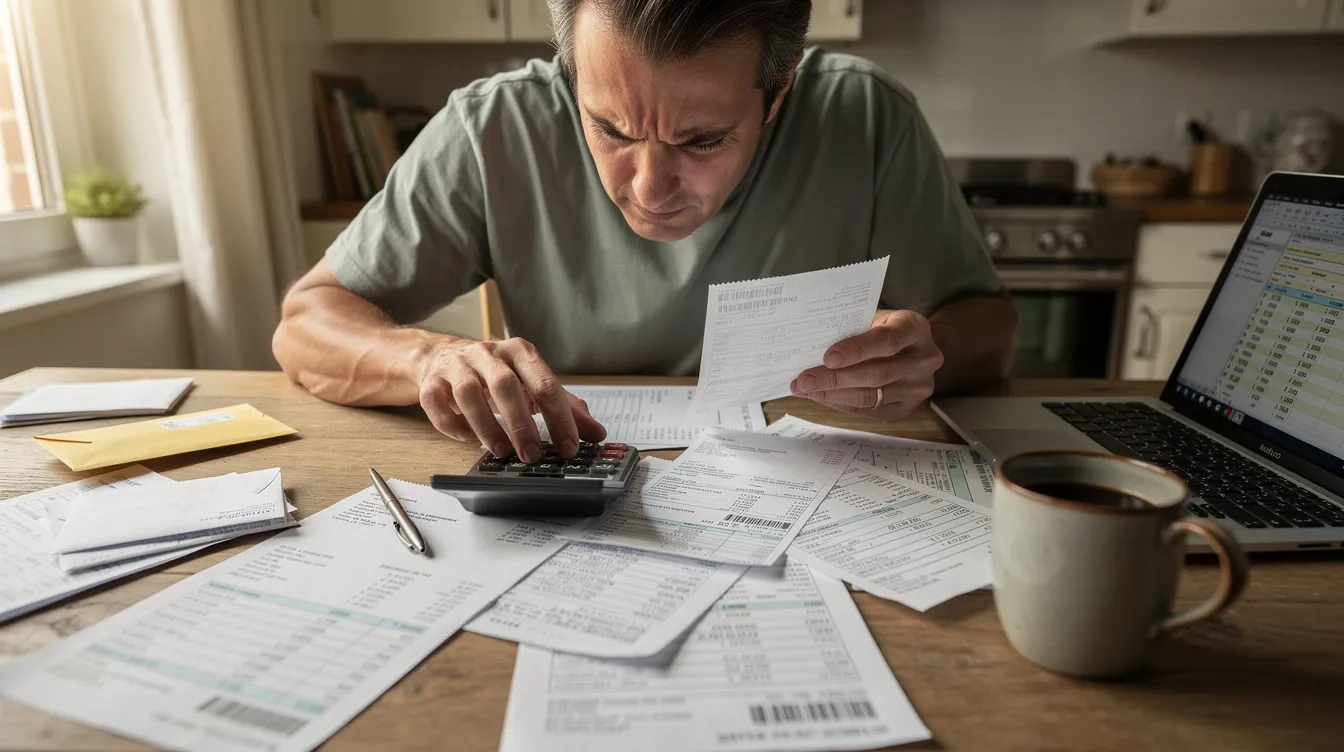 A person is seated at a kitchen table, using a calculator while reviewing bills and financial statements, indicating a focus on managing their finances. The scene suggests a consideration of options like 免 tu 貸款 and evaluating their 信貸 評 級 to make informed decisions.