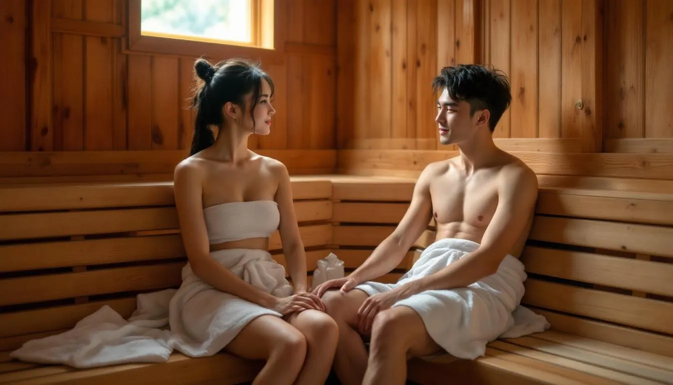 A man and a Chinese woman are safely using a sauna together, enjoying the warmth and relaxation it offers. This image captures the essence of wellness and discipline, highlighting the importance of self-care practices like regular cold exposure and sauna use for improved mental health and resilience.