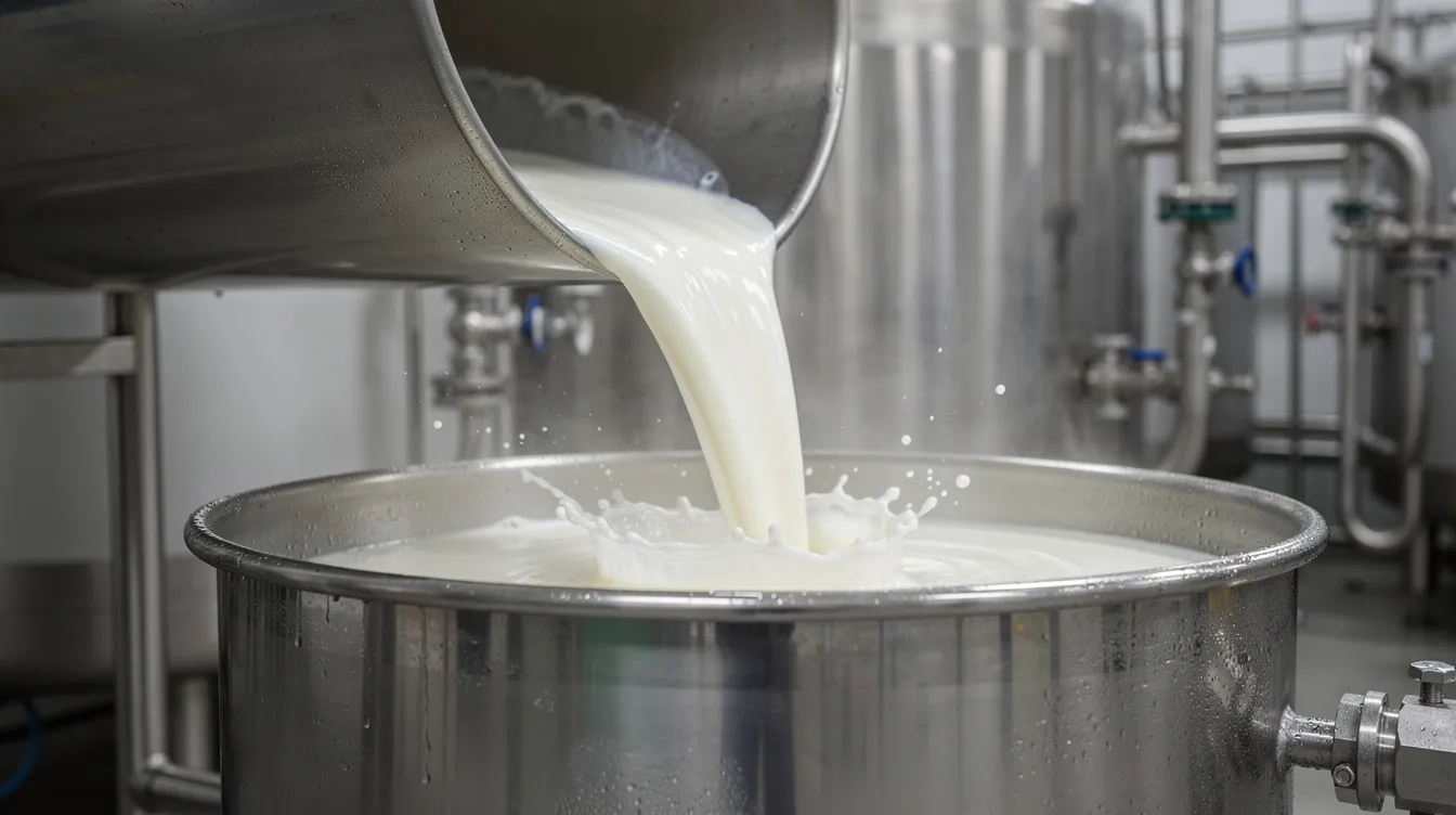 a3a3d4e7 c1de 43d8 a6b4 1fe8c1ae8d5a A close-up view captures raw milk being poured into shiny stainless steel processing equipment at a dairy plant, highlighting the essential steps in milk production. This process is crucial for dairy farming projects and ensures the quality needed for successful milk sales.
