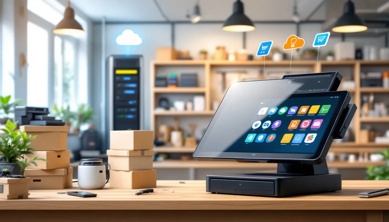 Componentes esenciales de un sistema de punto de venta, incluyendo hardware y software.