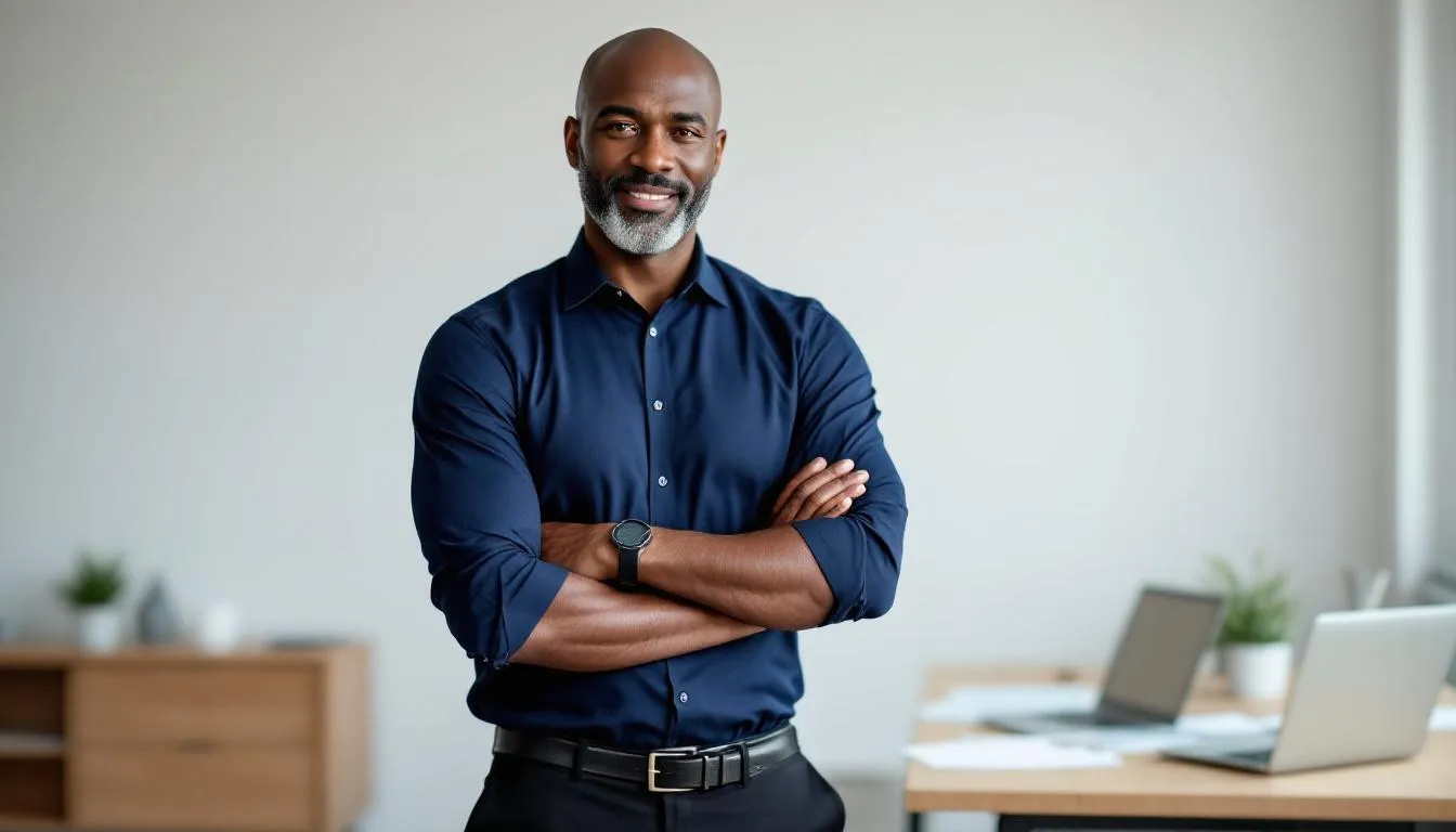 A black smart man with a well-groomed beard stands confidently, showcasing his healthy beard hair. His beard, enriched with batana oil, reflects a lustrous shine, highlighting the benefits of using natural oils for beard growth and overall hair health.