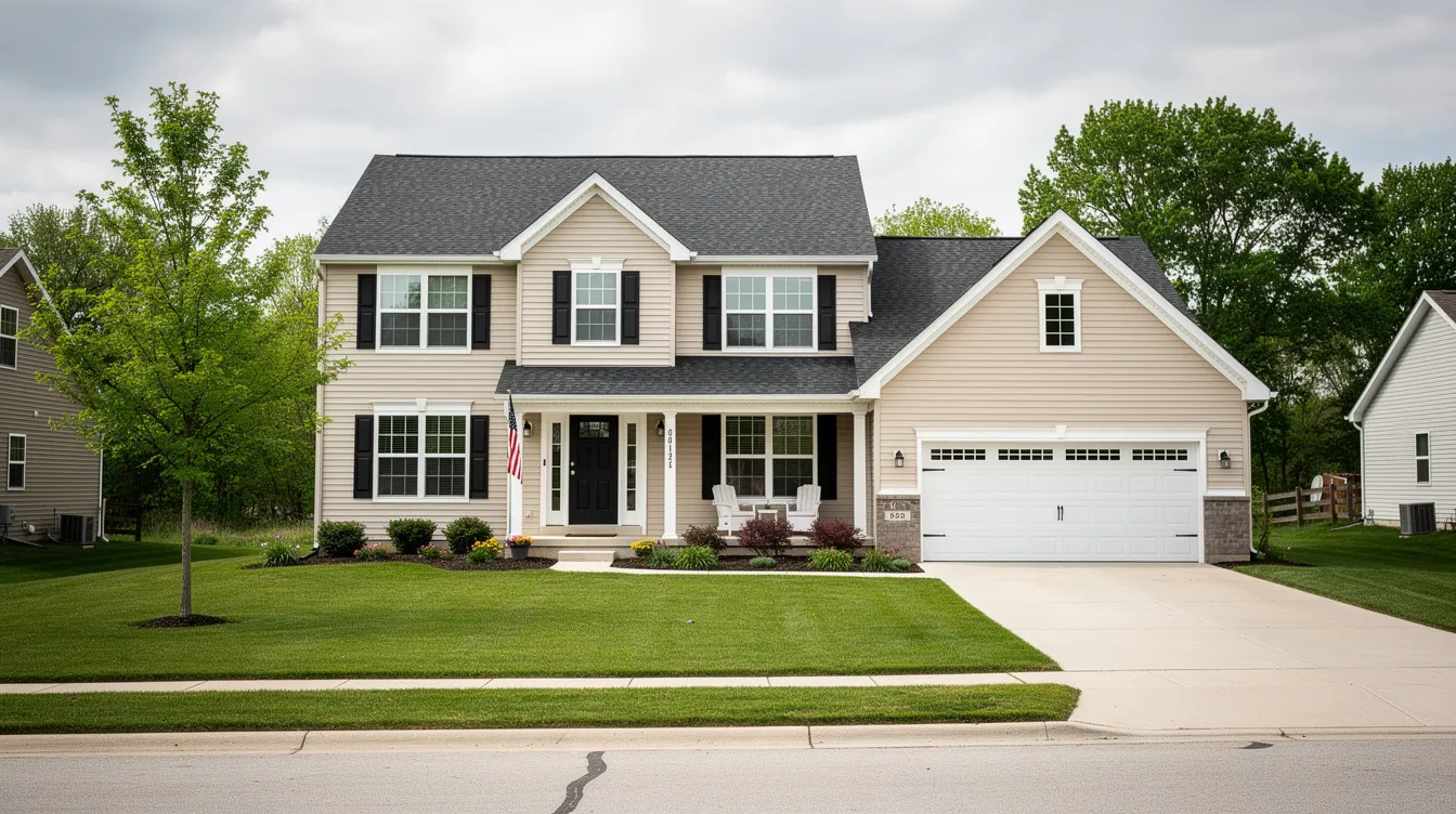 The image shows a residential home in a suburban Ohio neighborhood, featuring a well-maintained green lawn. This home could benefit from radon testing to ensure indoor air quality and reduce potential health risks associated with elevated radon levels.