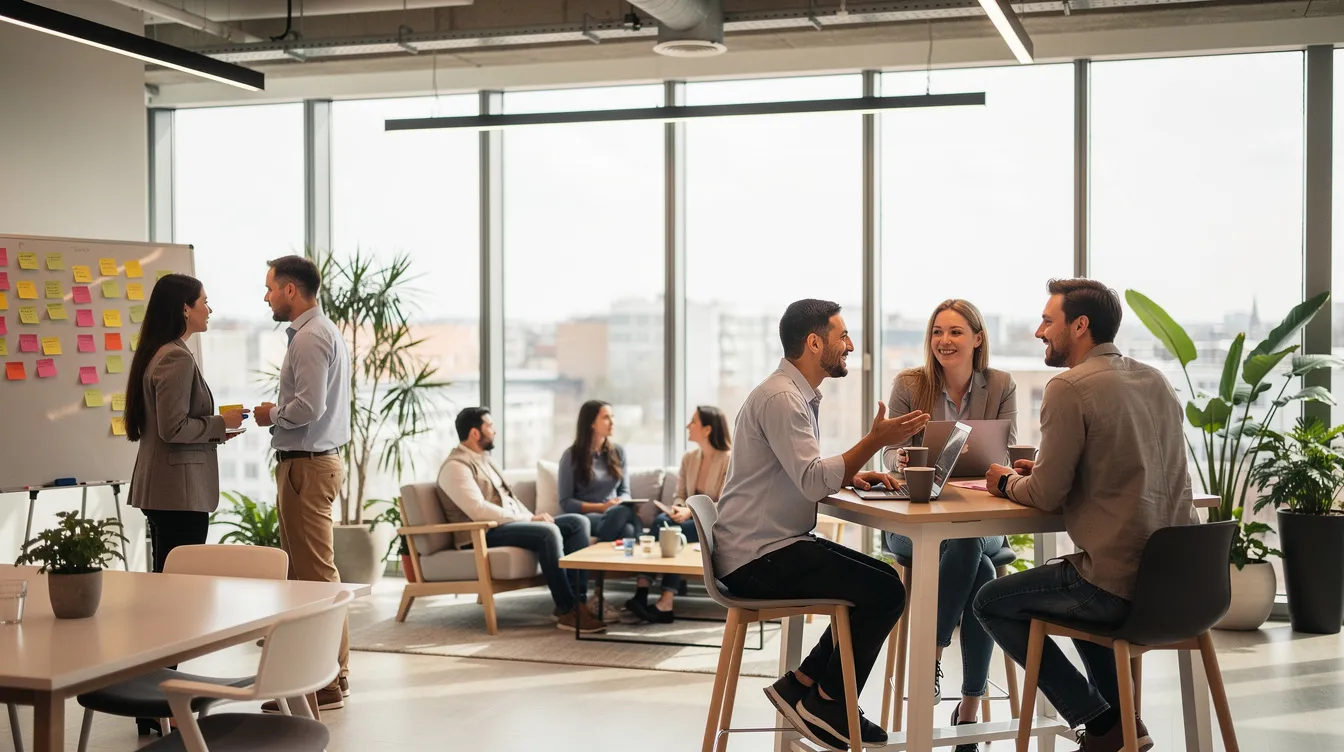 L'image montre un espace de travail ouvert et moderne où des collègues discutent en petits groupes, favorisant la collaboration et le partage d'idées. Cet environnement met en avant l'importance des relations au travail et du bien-être des salariés dans leur quotidien professionnel.