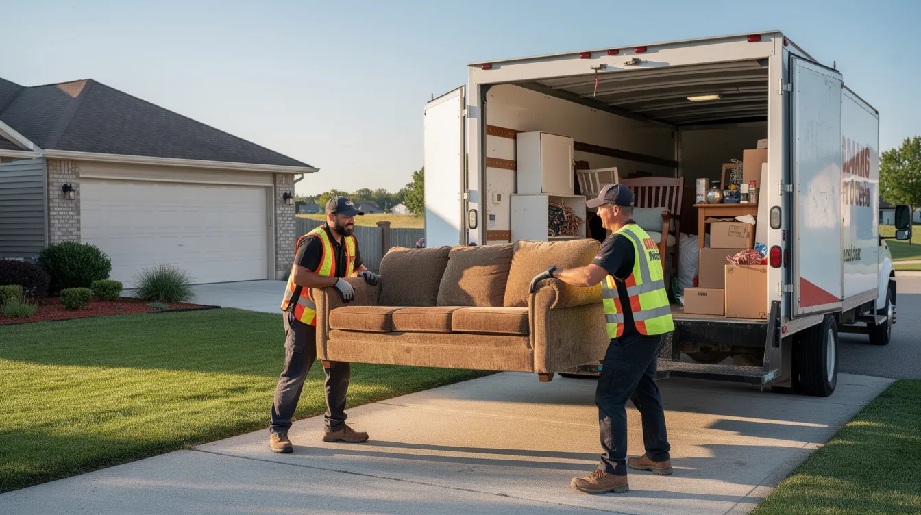 Two workers are loading various pieces of furniture into a junk removal truck parked in a residential driveway, showcasing their efficient storm damage cleanup efforts. The scene emphasizes the importance of reliable service in handling debris removal after severe storms, ensuring safety and restoring the property.