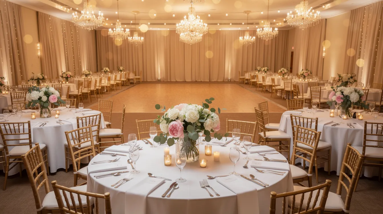 a3ae3637 2f0d 4ad8 930f ca5b33ac02a3 The image depicts a beautifully decorated banquet hall, arranged for a large celebration with round tables adorned with elegant floral centerpieces. This setting exemplifies how effective event planning can enhance hotel revenue by attracting different market segments and boosting ancillary revenue streams.
