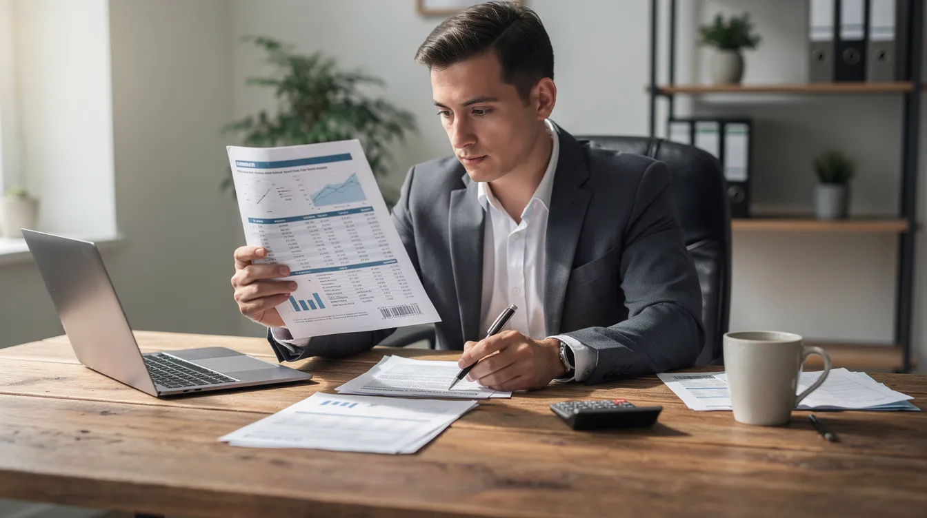 A person is seated at a wooden desk, reviewing various financial documents related to retirement planning, including details about precious metals IRAs and traditional retirement accounts. The scene conveys a focus on wealth protection and investment strategies involving physical gold and silver assets.