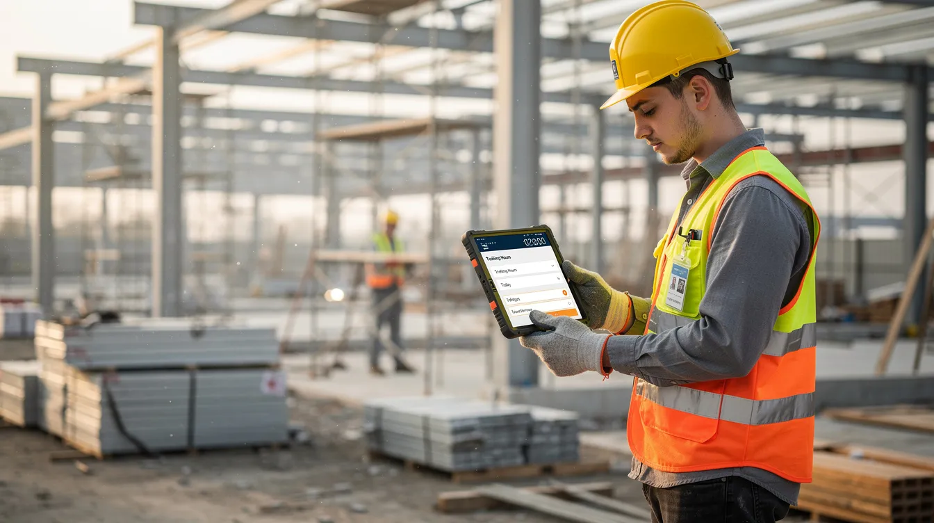 An apprentice using a tablet for real-time apprenticeship OJT tracking at a construction job site.