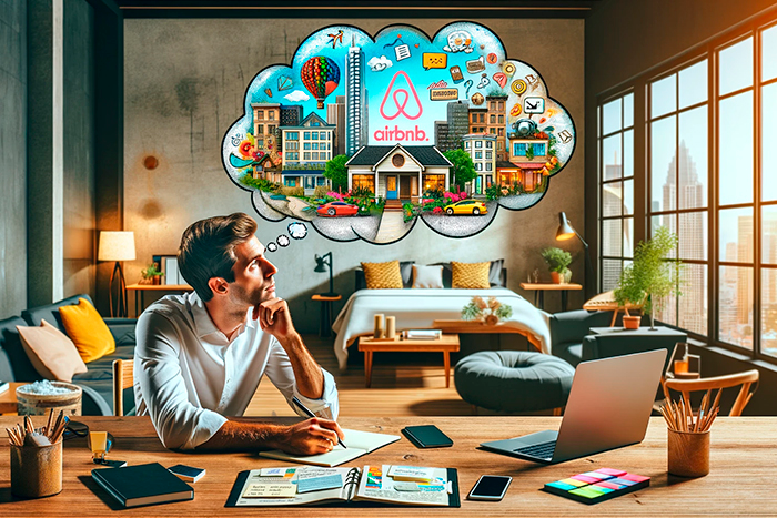 A man is thinking about new ideas for marketing his airbnb listings