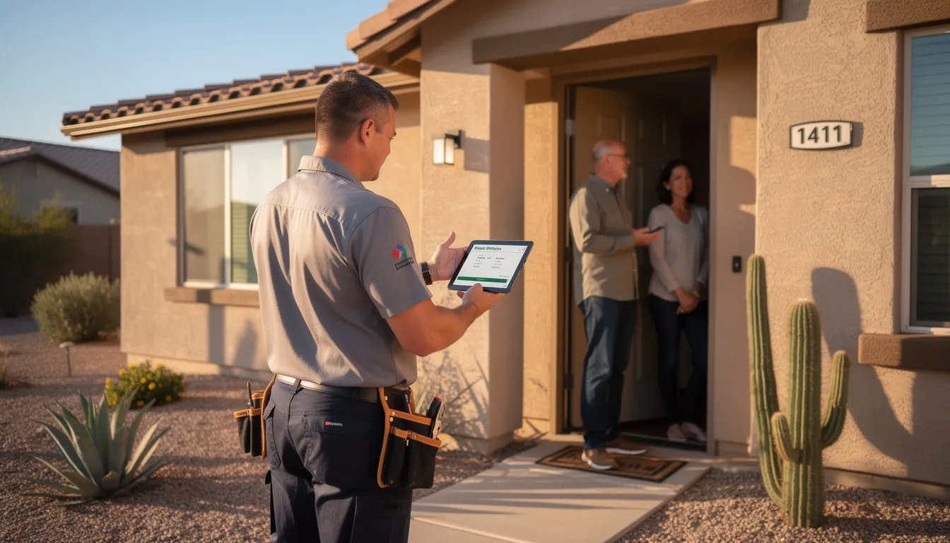 A service technician is standing at the front door of an Arizona home, discussing sewer line repair options with the homeowner. The technician is explaining various solutions for sewer problems, such as trenchless sewer line repair and drain services, while delivering exceptional service and a free estimate.
