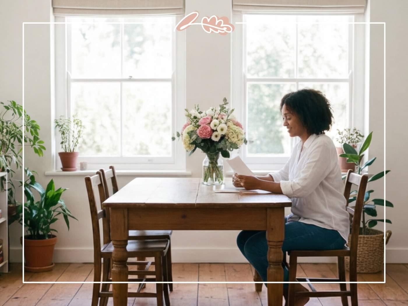 Wife reading her anniversary card at the dining table beside a bouquet of pink garden roses and hydrangea from her husband