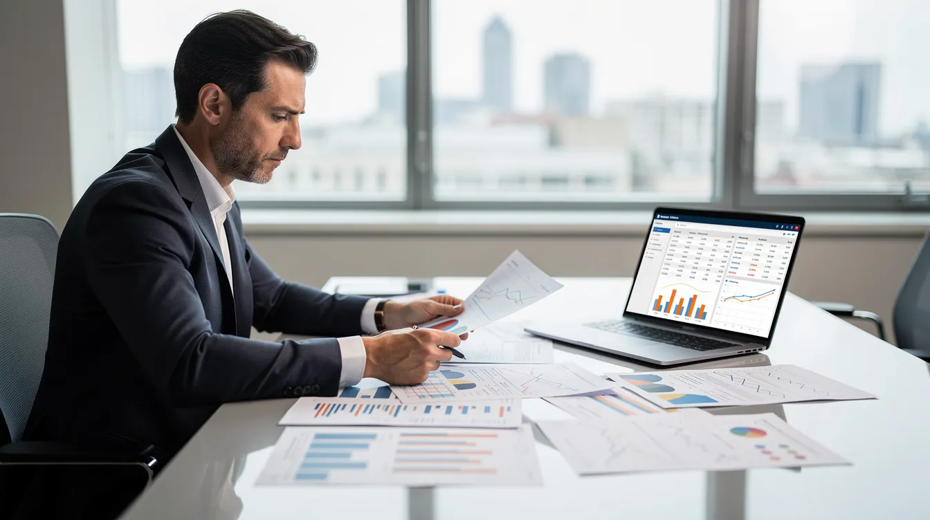 A professional is seated at a modern office desk, intently reviewing financial documents and charts that detail the operational aspects of a pulses processing plant, including production capacity utilization and the demand outlook for plant-based proteins. The scene reflects a focus on sustainable food production and the financial viability of plant-derived protein sources in the global pulses market.