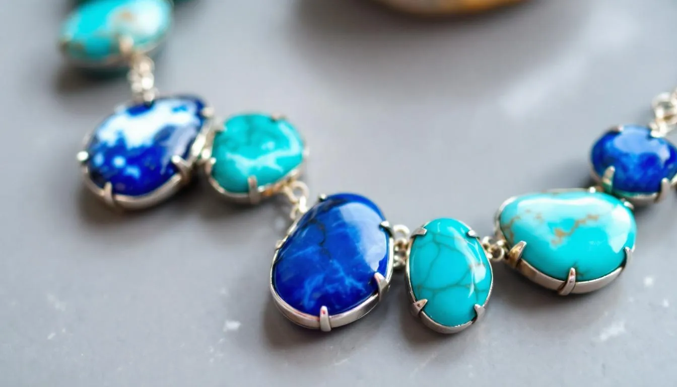 A stunning necklace featuring semi precious stones like lapis lazuli and amethyst, beautifully crafted with a sterling silver chain. This gemstone necklace is a perfect addition to any jewellery collection, showcasing a vibrant mix of colours and textures that sparkle elegantly.