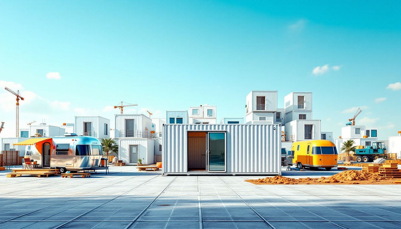 Different types of container offices displayed in a construction site.