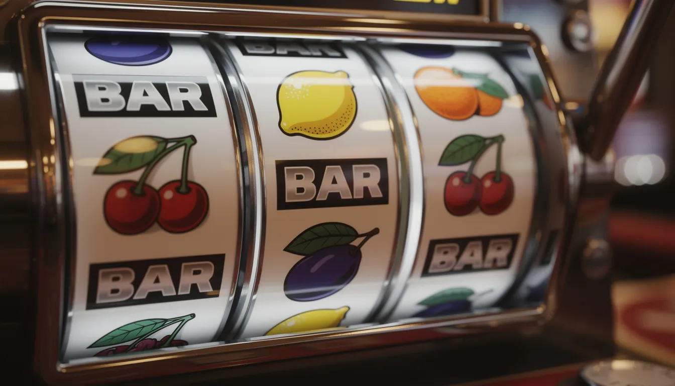Primo piano di rulli di una slot machine, che mostrano simboli classici di BAR e frutta, evocando l'atmosfera vivace delle slot da bar. I dettagli dei simboli brillano, attirando l'attenzione e suggerendo l'emozione del gioco d'azzardo.