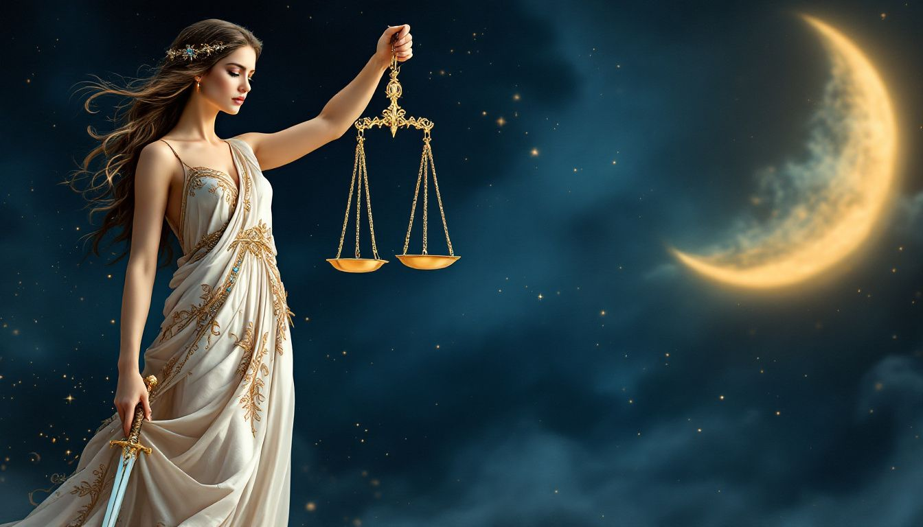 Symbolism of the Justice card, highlighting the scales of balance.