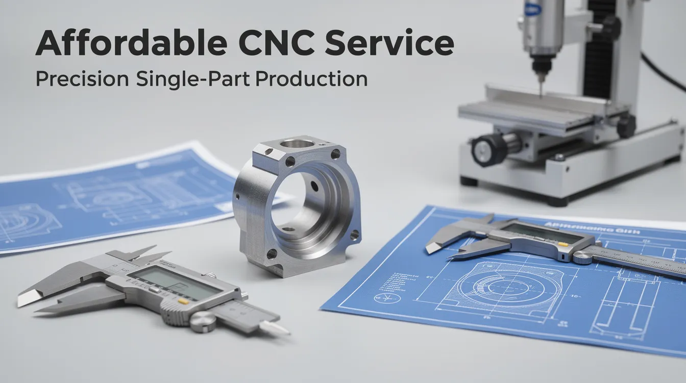 The image showcases a modern CNC machining setup, illustrating the process of producing custom CNC machined parts from both plastic and metal materials. It highlights the precision and efficiency of CNC milling and turning, emphasizing the affordability of online CNC machining services for single part production across various industries.