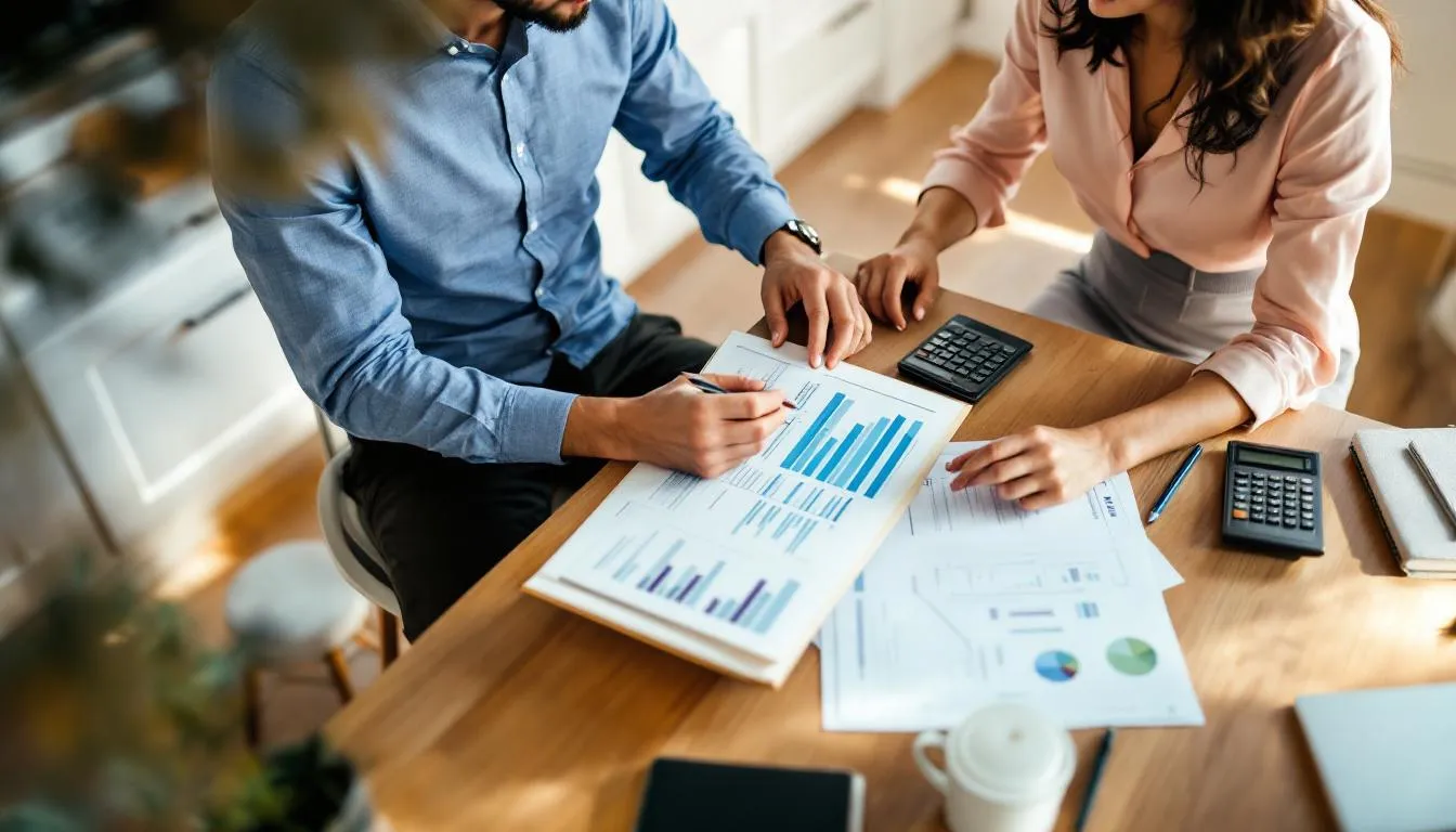 A young professional couple sits together at a table, reviewing their family budget and discussing their life insurance needs, including options for a life insurance retirement plan to ensure financial security in retirement. They appear focused and engaged, using documents and a laptop to analyze their retirement savings and potential life insurance policies.