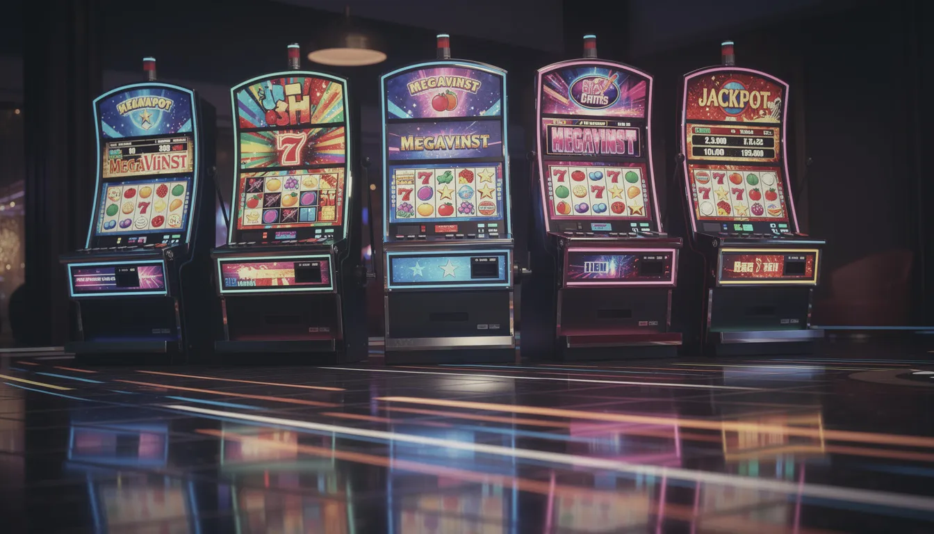 En bild av färgglada spelautomater med ljuseffekter som lockar spelare till att spela. Automaten visar olika teman och symboler, vilket ger en livlig atmosfär typisk för ett casino som royale 500.