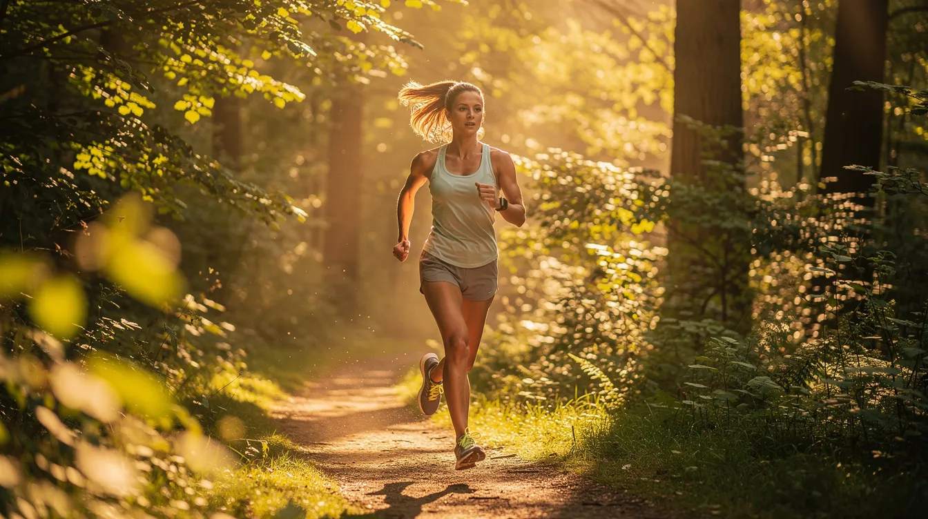 A woman is jogging along a scenic trail surrounded by lush greenery in a forest during the golden hour, embodying a healthy lifestyle that can positively influence sexual health and boost libido. The warm light highlights her energetic movement, suggesting a connection between physical fitness and enhanced sexual satisfaction.