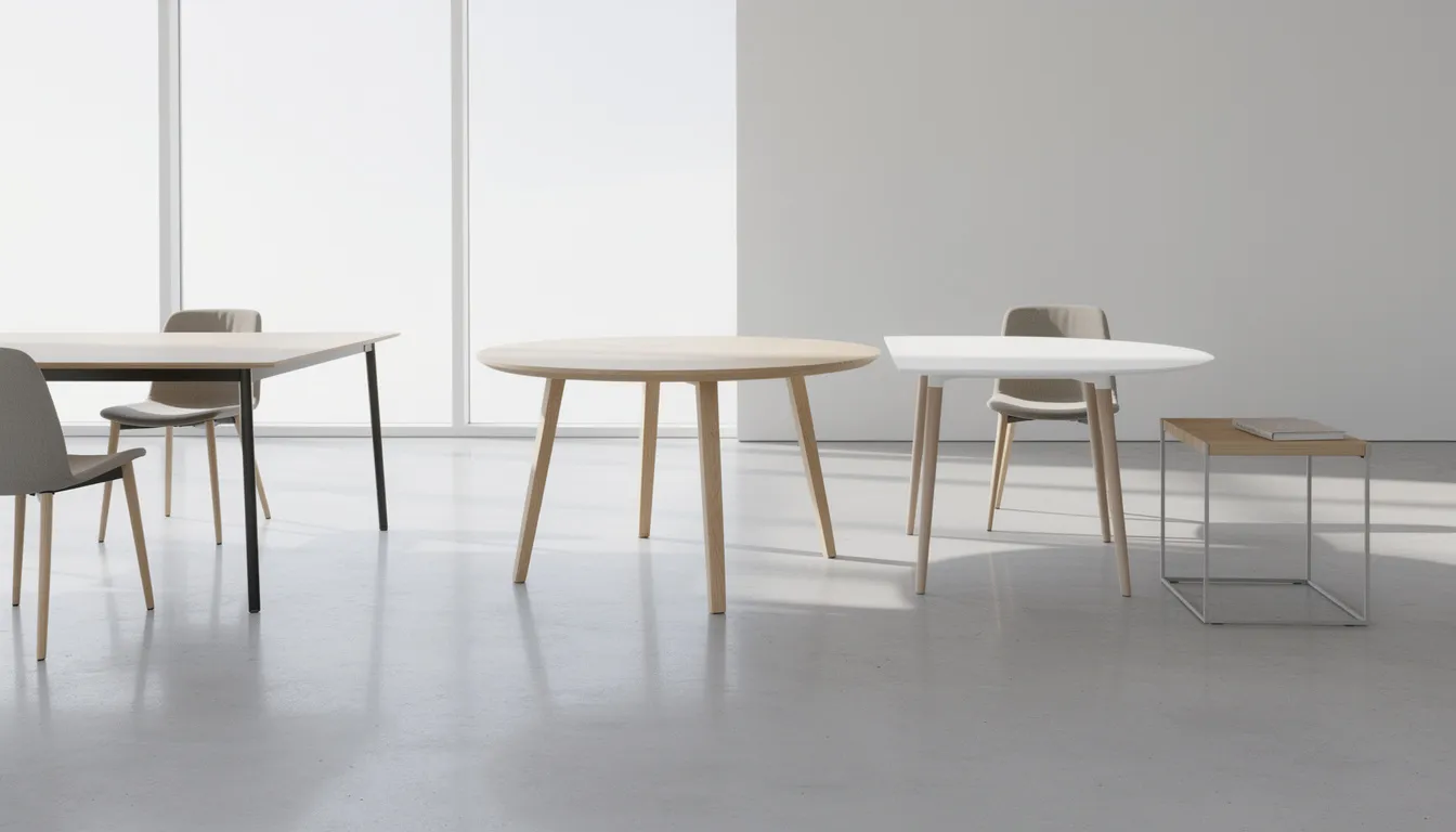 In een lichte showroom zijn verschillende tafelvormen te zien, waaronder nieuwe landelijke eettafels in diverse stijlen en afmetingen. Deze tafels, gemaakt van natuurlijke materialen zoals eikenhout en teak, stralen een warme en gezellige sfeer uit, perfect voor een eetkamer waar vrienden en familie samenkomen.