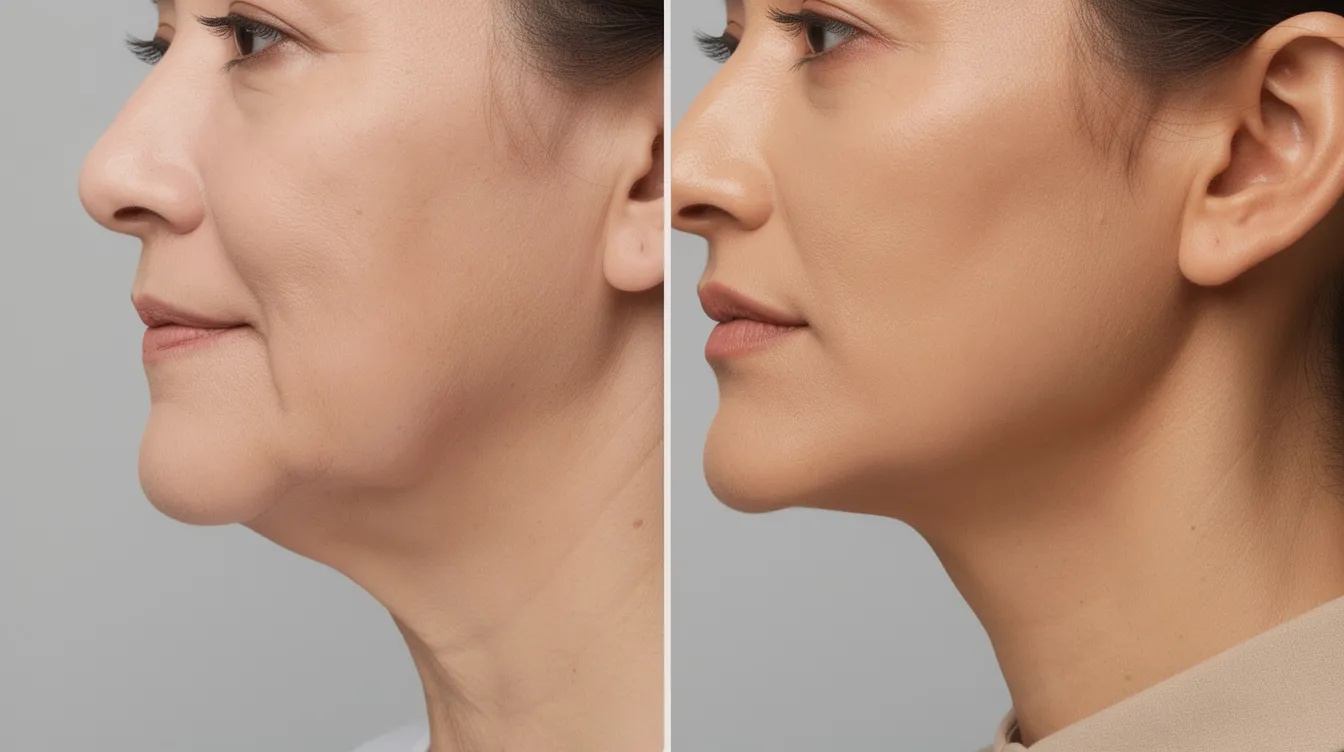 The image presents a side-by-side comparison of a person's lower face profile, showcasing significant improvements in jawline definition and tighter neck skin after a non-surgical endolift laser treatment. The visible results highlight enhanced skin firmness and a refined appearance, demonstrating the effectiveness of the procedure in reducing skin laxity and sagging skin.