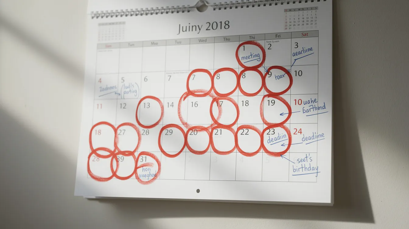 The image features a calendar with several important dates circled in red, highlighting key moments related to legal separation and divorce processes in California. These dates may include filing deadlines, court hearings, and the effective dates for necessary documents and notices.