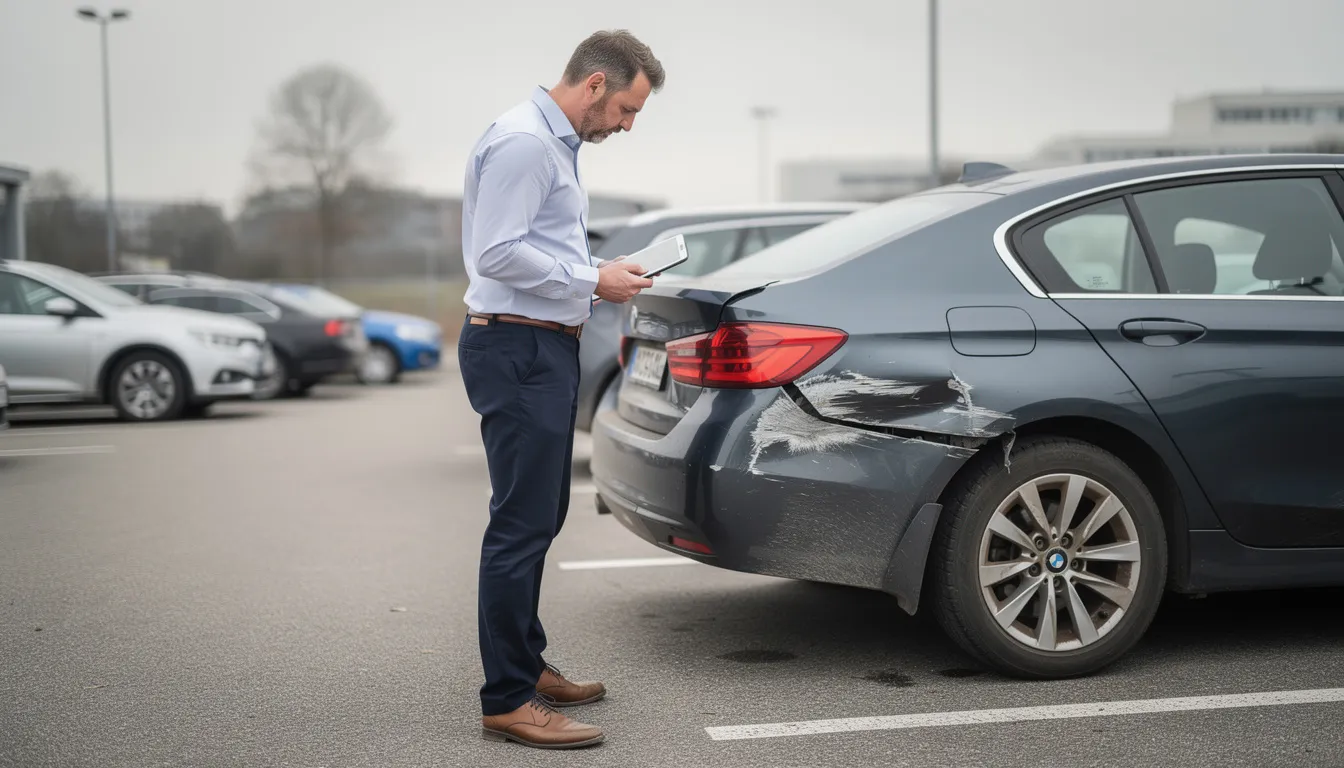 Ein Kfz-Sachverständiger von Auto Experts Tassone begutachtet sorgfältig einen beschädigten PKW auf einem Parkplatz, um ein detailliertes Kfz-Gutachten zu erstellen. Diese ersteinschätzung ist wichtig für die Schadensregulierung nach einem Unfall und bietet Unterstützung für den Geschädigten in Düsseldorf.