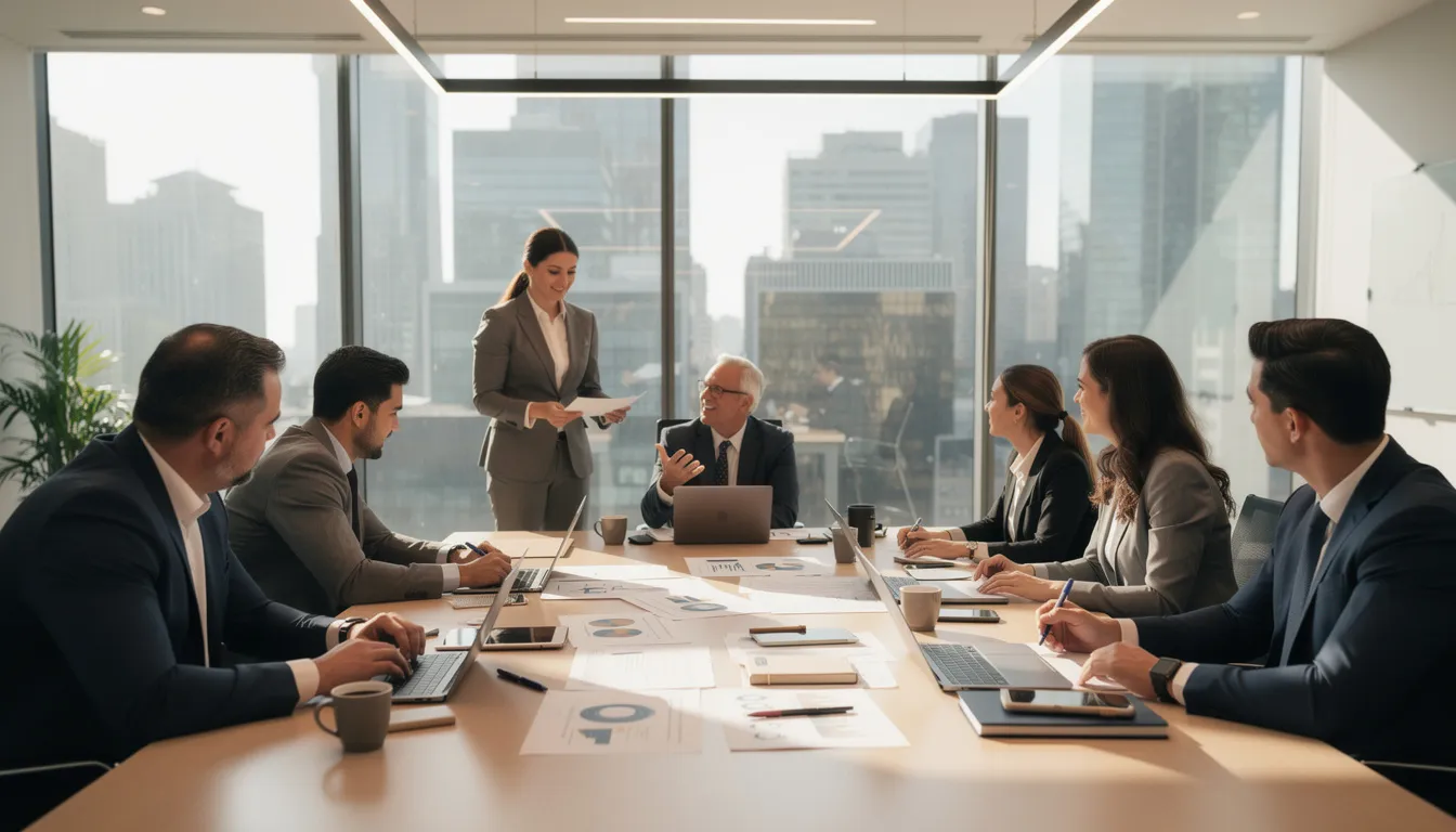 A diverse team of business leaders is gathered around a conference table in a meeting room, actively reviewing documents and discussing digital transformation strategies. They are focused on leveraging emerging technologies and AI systems to enhance customer satisfaction and drive business success.