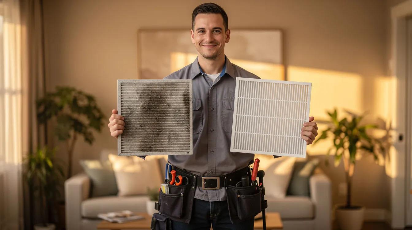 A technician stands in a cozy residential home, holding up a side-by-side comparison of a dirty air filter and a brand new clean filter, highlighting the importance of good indoor air quality. The warm ambiance emphasizes how proper ventilation and clean air filters can significantly improve indoor air quality and reduce indoor air pollutants.