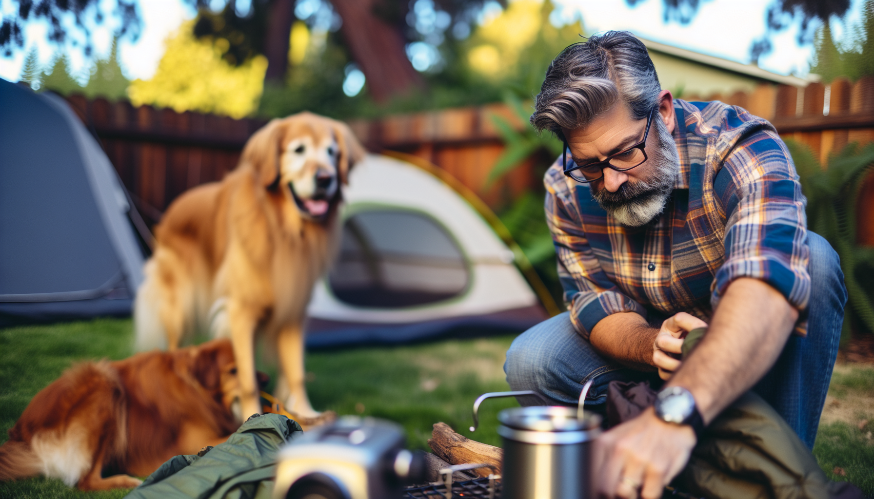 A person preparing camping gear with a dog waiting nearby