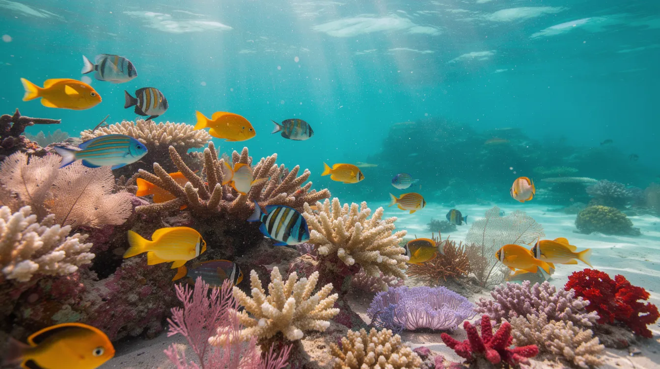 A vibrant scene of colorful tropical fish gracefully swimming around a coral reef in the crystal-clear turquoise waters of Koh Phangan, a stunning Thai island known for its beautiful beaches and natural attractions. The lively underwater ecosystem showcases the rich marine life that thrives in this tropical paradise.