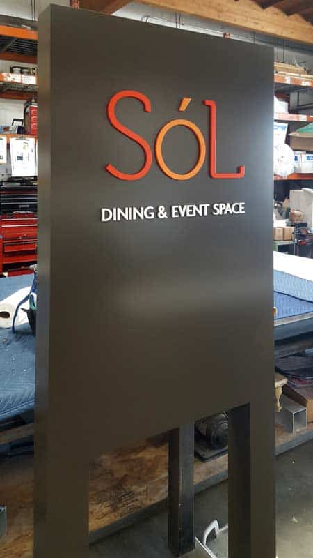 Sol Dining & Event Space floor standing dimensional letter sign.