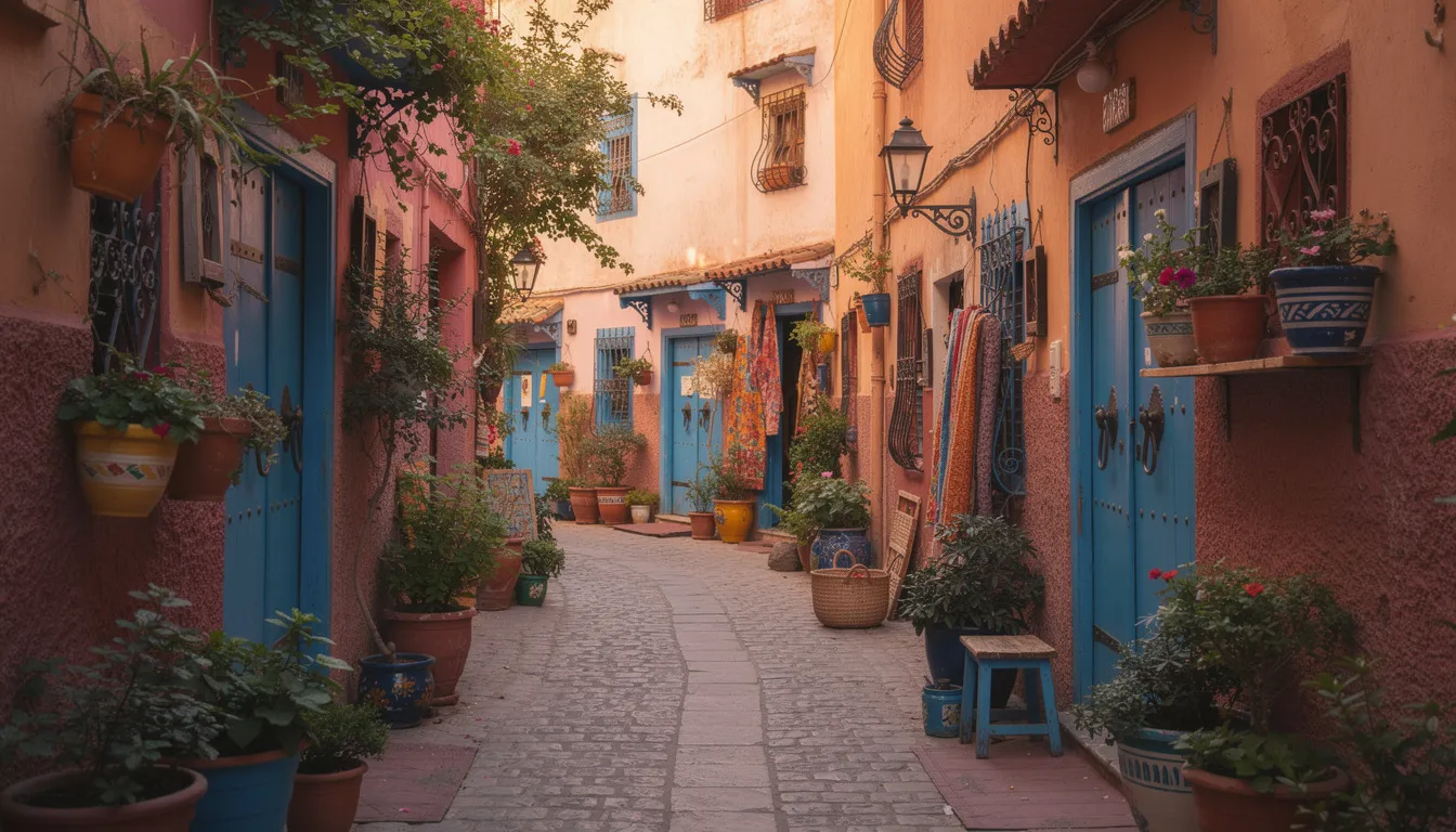 The image depicts a narrow, vibrant alleyway in a Moroccan medina, adorned with striking blue doors and lush potted plants lining the path. This picturesque scene captures the essence of Moroccan culture, where visitors might consider tipping local guides and hotel staff for exceptional service during their travels.