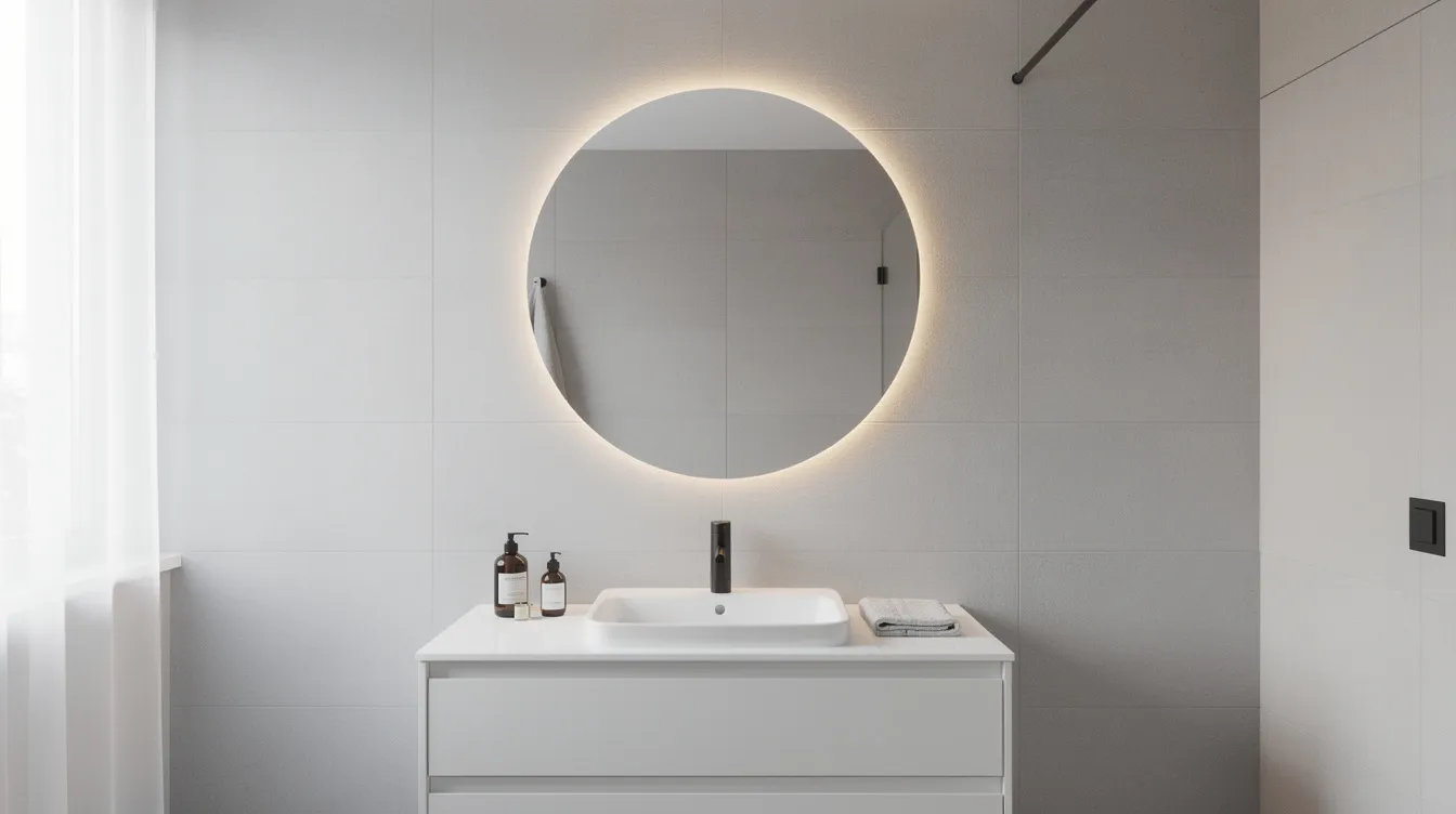 Bilden visar ett modernt badrum med en elegant rund spegel med LED-belysning som hänger ovanför ett vitt handfat. Spegeln, som skapar en ljusare känsla i rummet, är en stilren inredningsdetalj som passar perfekt i badrummet.