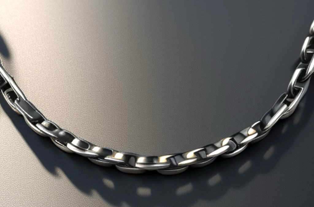 A close-up of the lower half of a thick, stainless steel silver chain against a dark background.