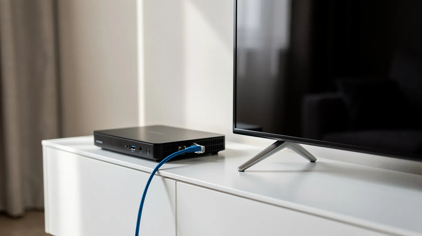 The image shows a router with an ethernet cable connected, positioned next to a modern television, indicating a setup for streaming services like IPTV. This arrangement suggests a reliable internet connection for accessing live TV channels and on-demand content through various IPTV providers.
