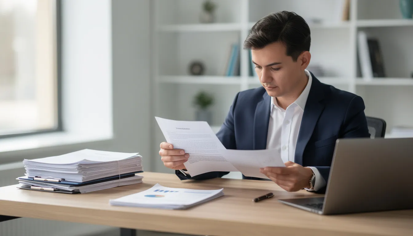 The image depicts a person in business attire sitting at a desk, intently reviewing paperwork, possibly related to their holiday entitlement or leave requests. The workspace is organized, suggesting a focus on managing annual leave and ensuring compliance with employment contracts.