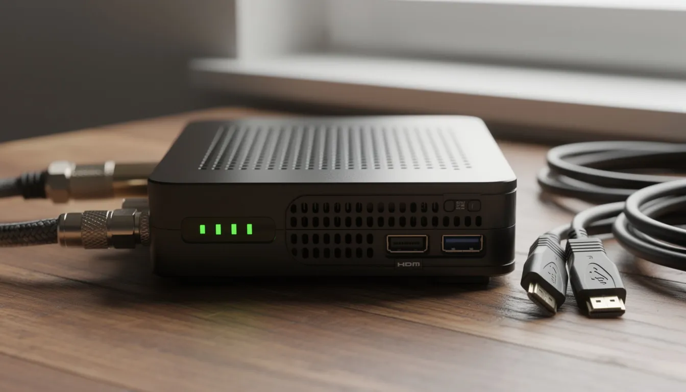 The image shows a close-up of satellite TV equipment, featuring a dstv decoder and various cables neatly arranged on a wooden surface, highlighting the essential components for a professional dstv installation. This setup is crucial for ensuring uninterrupted viewing and optimal signal reception.