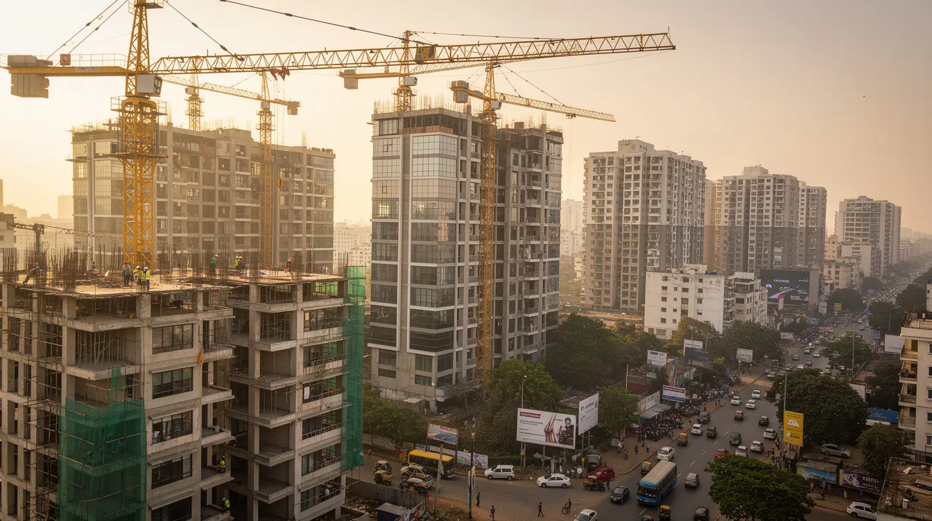 a3c86635 0478 400c a69c 78da3dc2f7c8 The image depicts a modern Indian city skyline featuring several new residential towers under construction, with construction cranes actively at work. This vibrant scene highlights the booming real estate market and the ongoing development of housing and commercial properties, showcasing opportunities for real estate professionals and property developers.