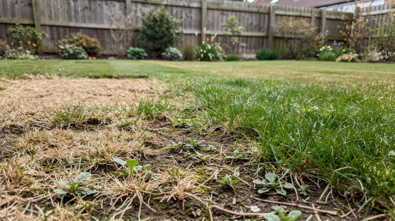 The image depicts a UK residential back garden lawn showing a stark contrast between healthy green grass and several bare patches of dead grass. The surrounding area includes a garden fence and blurred shrubs, highlighting the need for lawn repair techniques such as overseeding with high-quality grass seed to promote healthy grass growth in the affected areas.