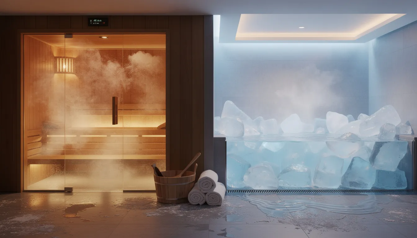 The image depicts a striking contrast between a steamy sauna and an icy cold plunge setup, illustrating the practice of cold and hot therapy for overall health benefits. The sauna emits warm steam, while the cold plunge features ice cold water, highlighting the potential advantages of combining sauna bathing with cold water immersion for improved blood circulation and immune function.