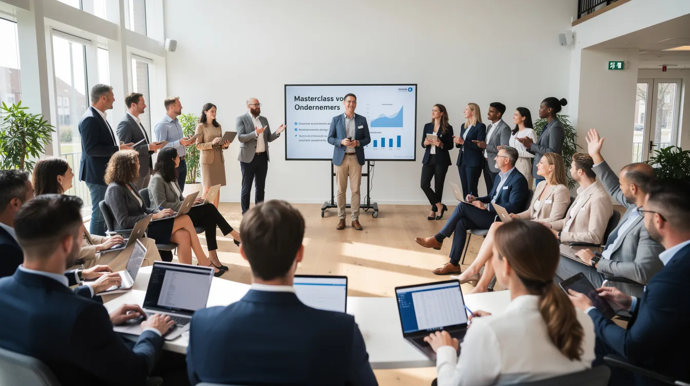 In een moderne eventruimte zitten ondernemers en professionals samen tijdens een masterclass, waar ze luisteren naar de veelgevraagde spreker Ron Simpson. Hij deelt inspirerende inzichten over originele creativiteit en succesvolle concepten, terwijl de deelnemers zich focussen op strategische stappen voor hun ondernemingen.